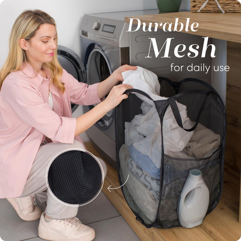 Handy Laundry Collapsible Mesh Pop Up Hamper with Wide Opening and Side Pocket - Breathable, Sturdy, Foldable, and Space-Saving Design for Clothes and Storage (Black | 2-Pack) - Image 5